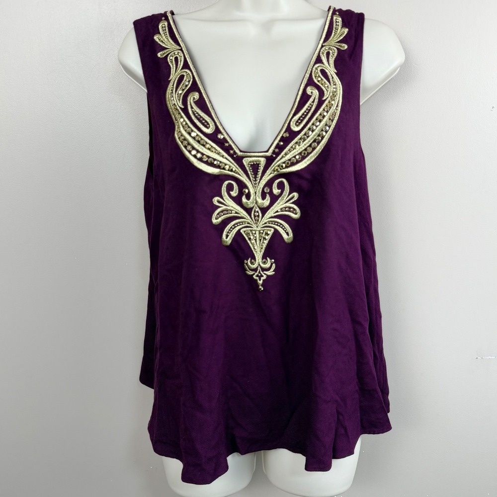 Lilly Pulitzer Tank Top Womens Medium Purple Gold Soutache‎ Beaded V-Neck 27997